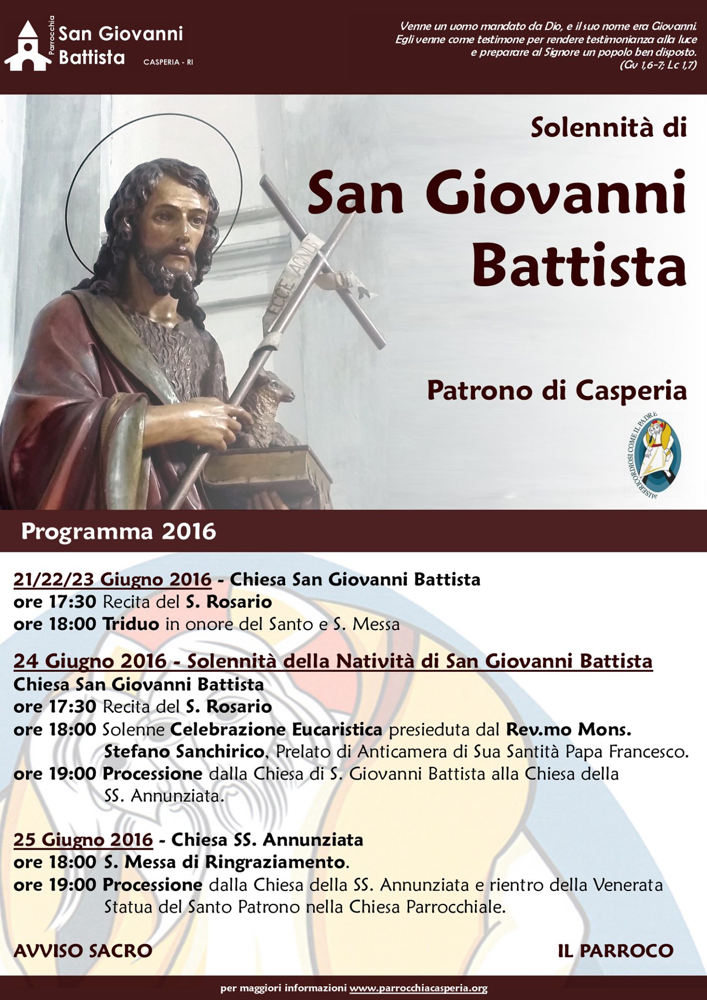 24 Giugno Preghiera San Giovanni Battista 24 Giugno: Festa di San Giovanni Battista - Casperia RI